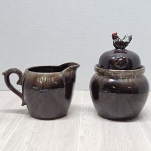 Brown Ceramic Creamer and Sugar Set with Rooster Lid